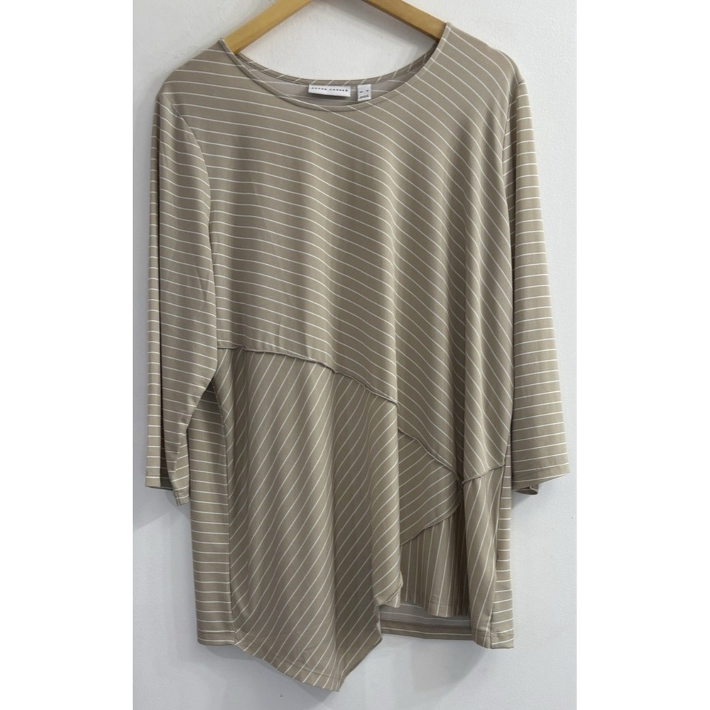 Susan Graver XL Liquid Knit Top Beige White Striped Asymmetrical Lagenlook‎